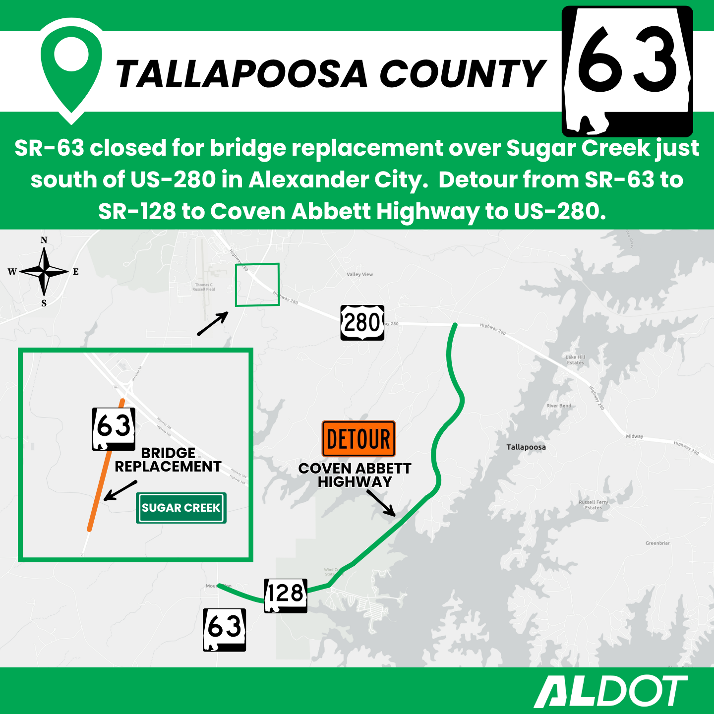 ルート Bridge replacement on SR-63 over Sugar Creek in Tallapoosa County