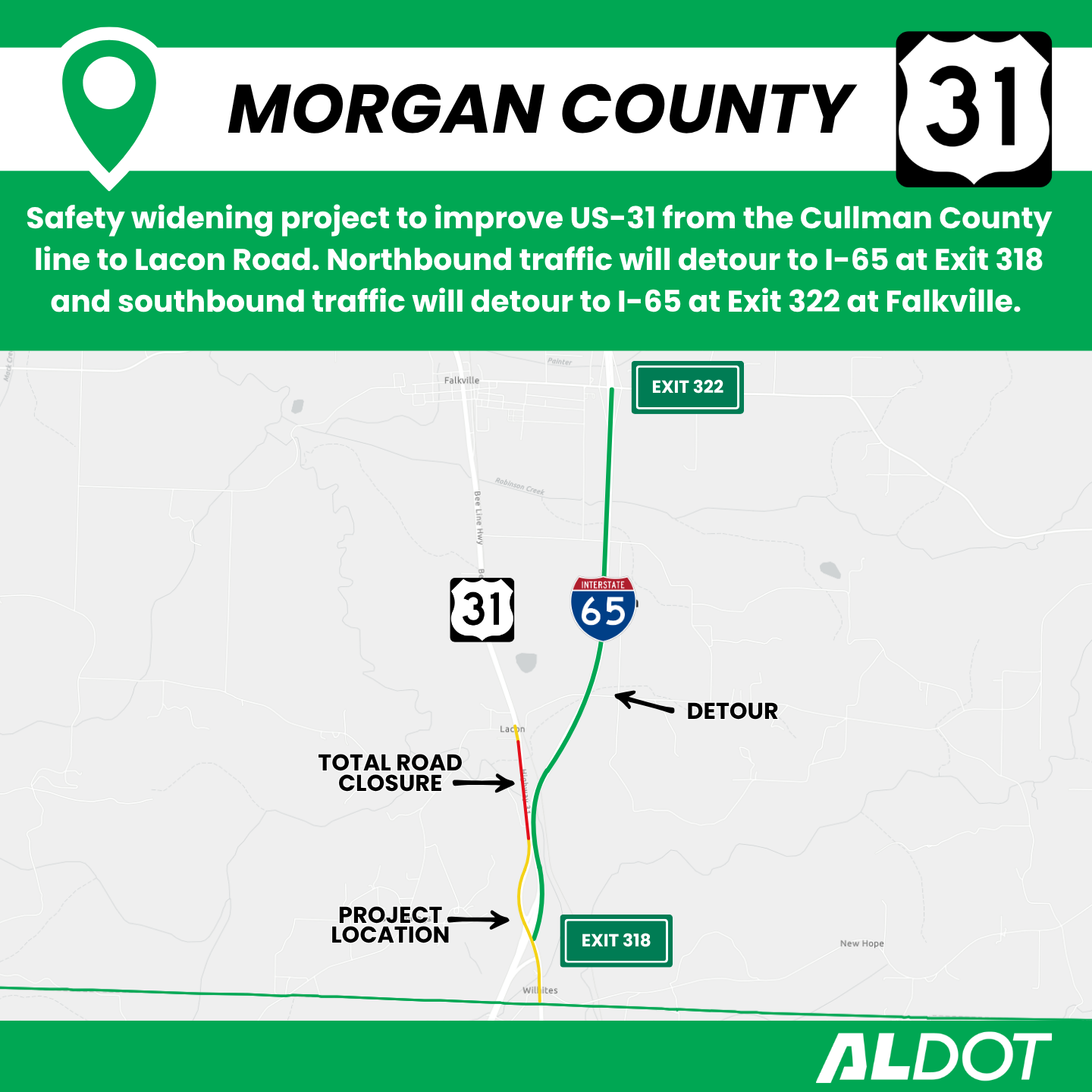 US-31 improvements at Lacon to detour traffic to I-65 - ALDOT News Hub