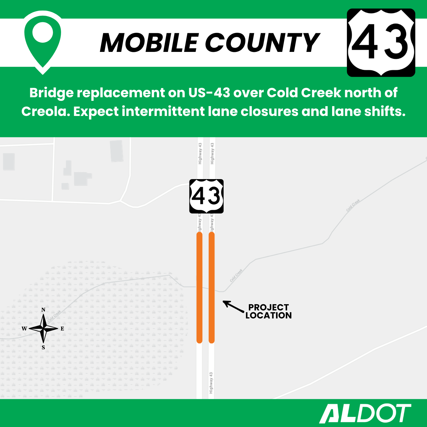 Traffic Alert: Bridge Replacement on SR-13 (US-43) over Cold Creek